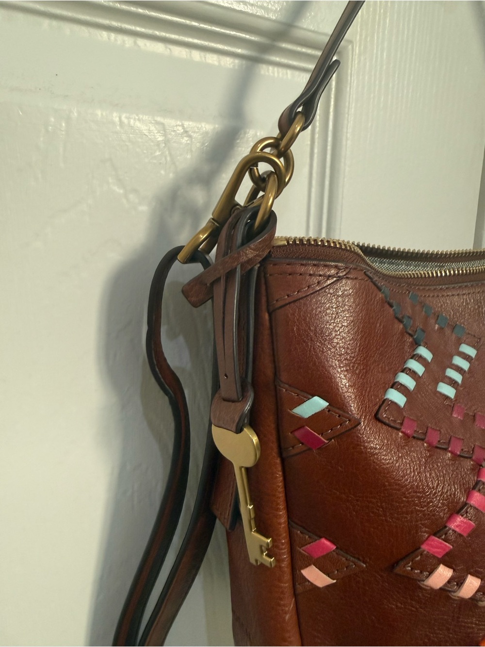 Fossil Brown Woven Leather Crossbody - Multi-Color Chevron + Key Charm - Picture 5 of 10